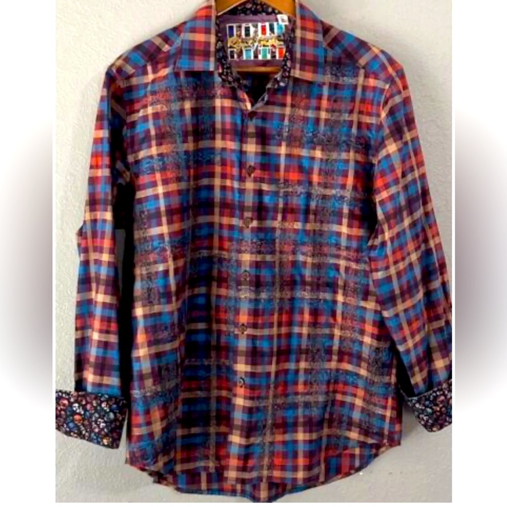 ROBERT GRAHAM BUTTON SHIRT -L Multicolor Blue  Red Embroidered and  Skull CUFF